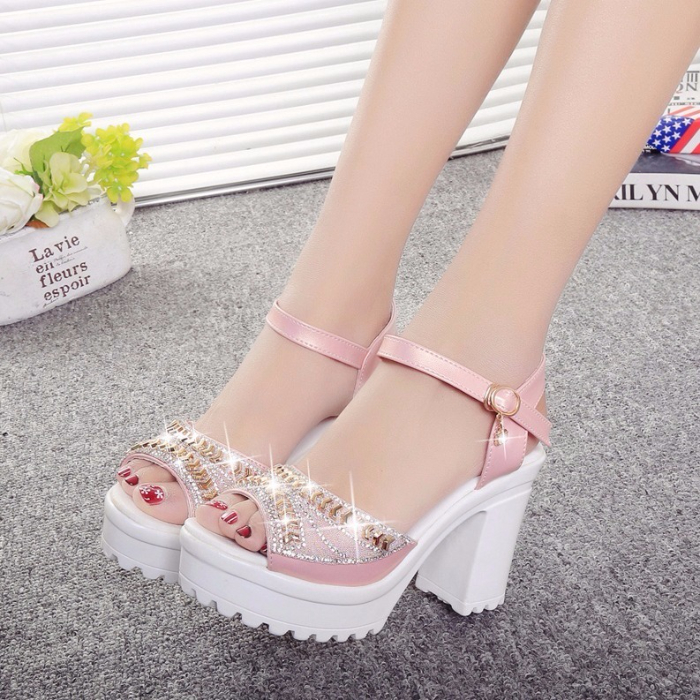 Women's Shoes > Heels new rhinestone fishmouth shoes thick-soled sponge cake Korean version waterproof platform with high heel buckle with thick heel sandals female summer