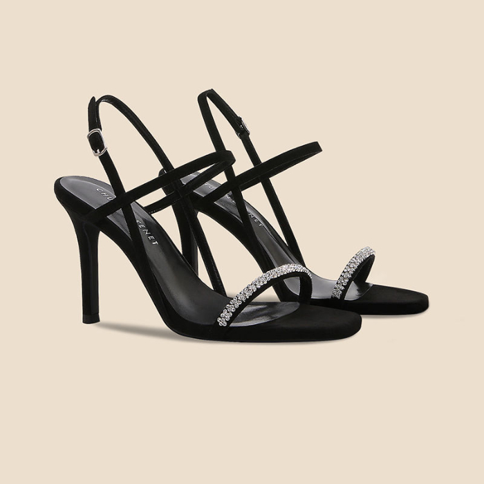 Summer new Fangtou women's high heels open toe word with water diamond elegant and simple