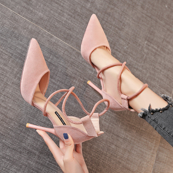 Women's Shoes > Sandals > Heels Sandals Spring and autumn women's shoes new suede cross strap Korean version of high heels, stilettos and pointed women's shoes, summer shoes