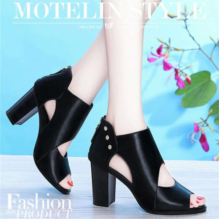 Heels Chunky high heels fish mouth 2022 spring new leather shoes deep mouth mid-heel hollow single shoes sandals women's shoes waterproof platform