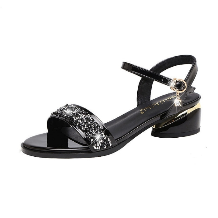 Sandals Women's New Year's Summer New Real Soft Leather Medium Thick Heel Strap Sandals Women's Rhinestone Fashion