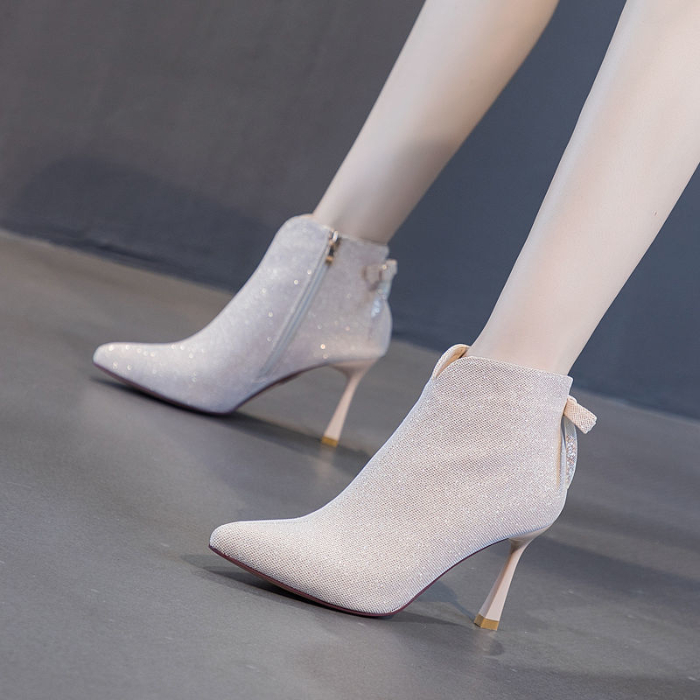 Women's Shoes > Boots > Mid-Calf New bow beige short boots women's stiletto pointed toe high-heeled Martin boots all-match ankle boots nude boots