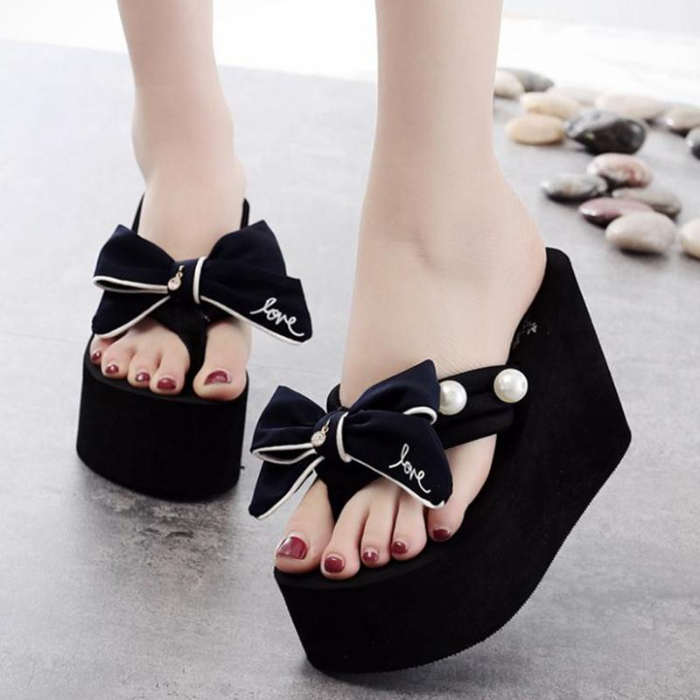 Women's Shoes > Slippers > Flip-Flops Summer thick-soled slippers women's bow-knot herringbone sandals holiday non-slip wedge heel beach flip-flops