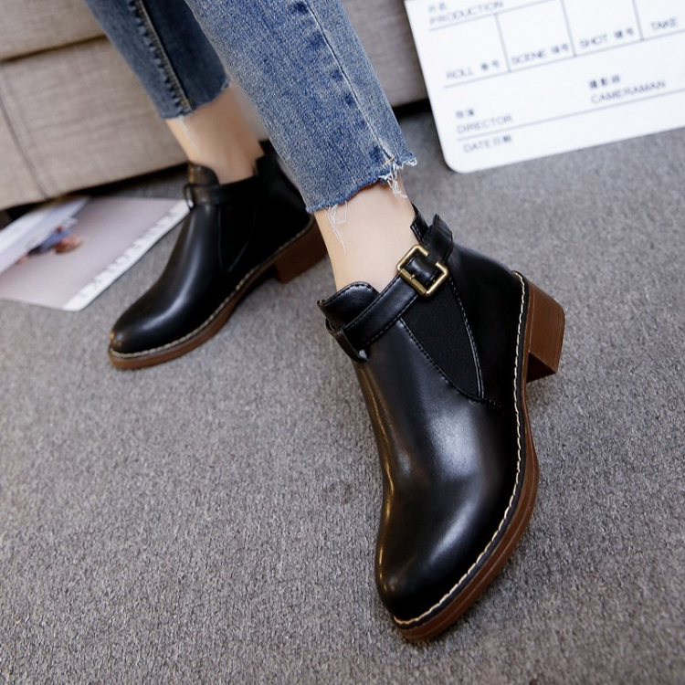Women's Shoes > Boots > Ankle & Bootie Soft Leather 2022 Autumn and Winter New Korean Women's Short Boots Thick Heel Buckle Single Boots Two Cotton Versatile Fashion Women's Boots