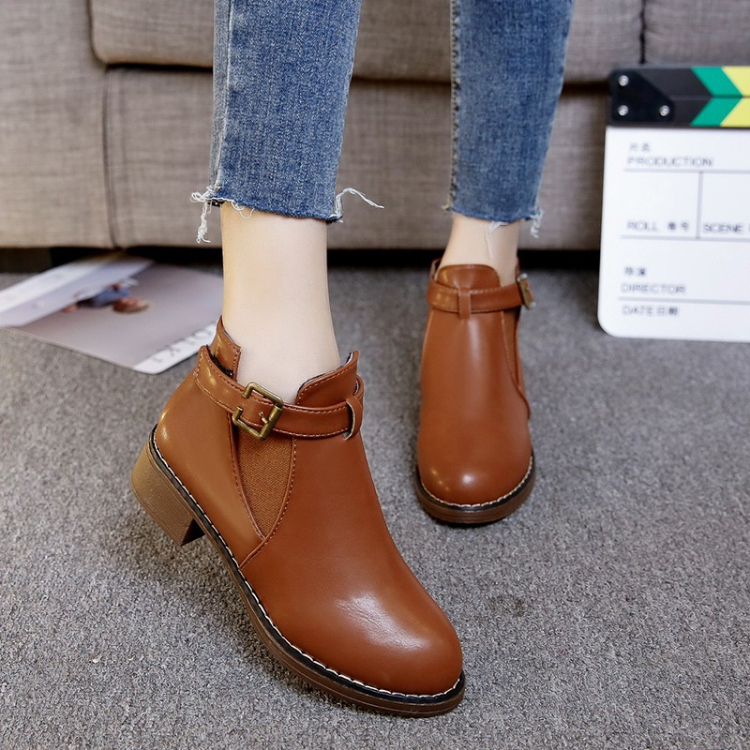 Women's Shoes > Boots > Ankle & Bootie Soft Leather 2022 Autumn and Winter New Korean Women's Short Boots Thick Heel Buckle Single Boots Two Cotton Versatile Fashion Women's Boots