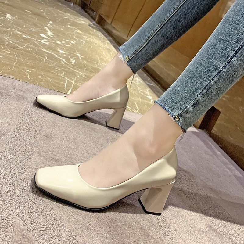 Large size women's shoes mid-heel professional shoes wild square toe new thick high heels