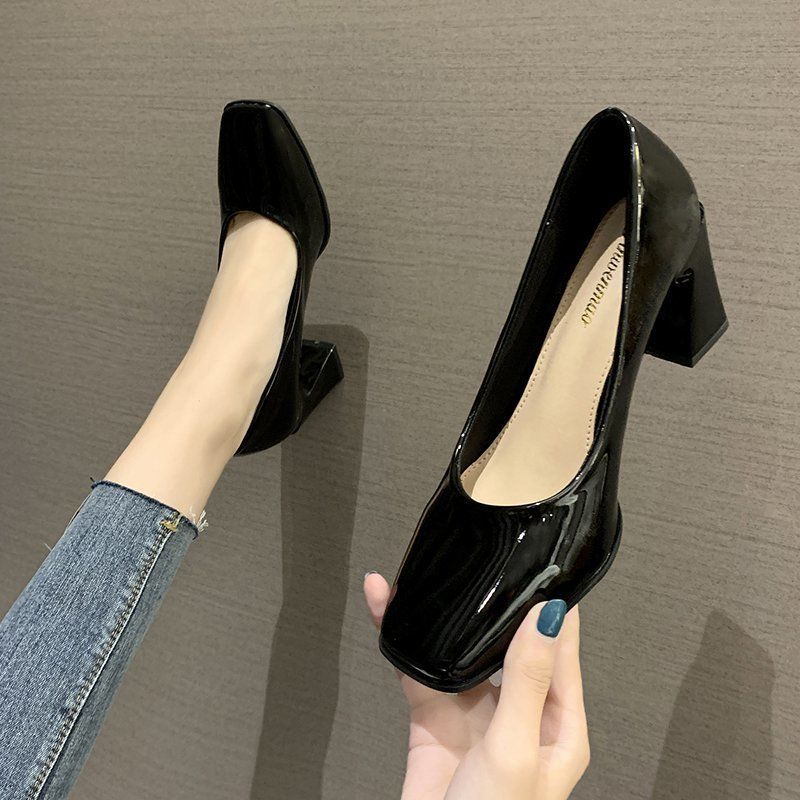 Large size women's shoes mid-heel professional shoes wild square toe new thick high heels