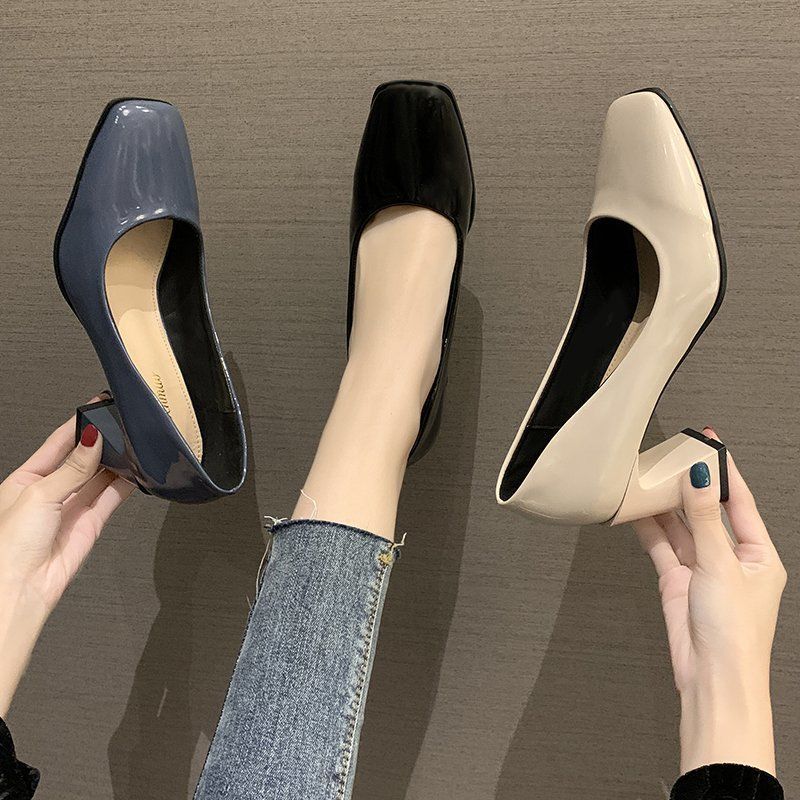 Large size women's shoes mid-heel professional shoes wild square toe new thick high heels