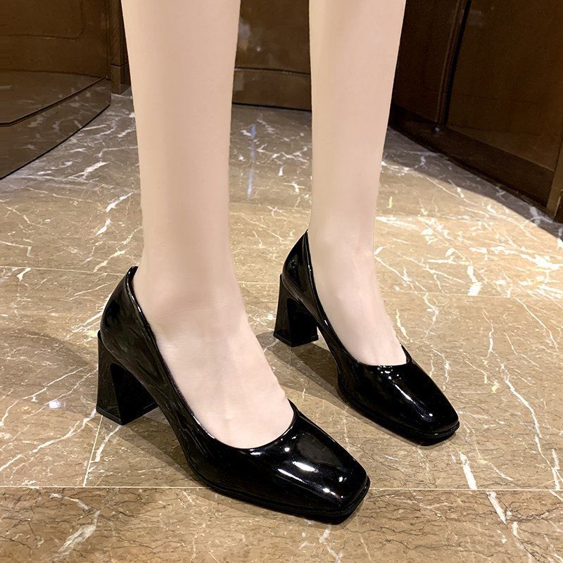 Large size women's shoes mid-heel professional shoes wild square toe new thick high heels