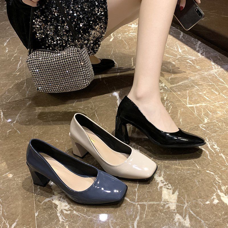 Large size women's shoes mid-heel professional shoes wild square toe new thick high heels