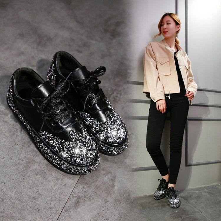 Single shoe patent leather rhinestone flat lace-up sneakers new all-match casual social women's shoe
