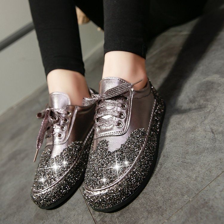 Single shoe patent leather rhinestone flat lace-up sneakers new all-match casual social women's shoe