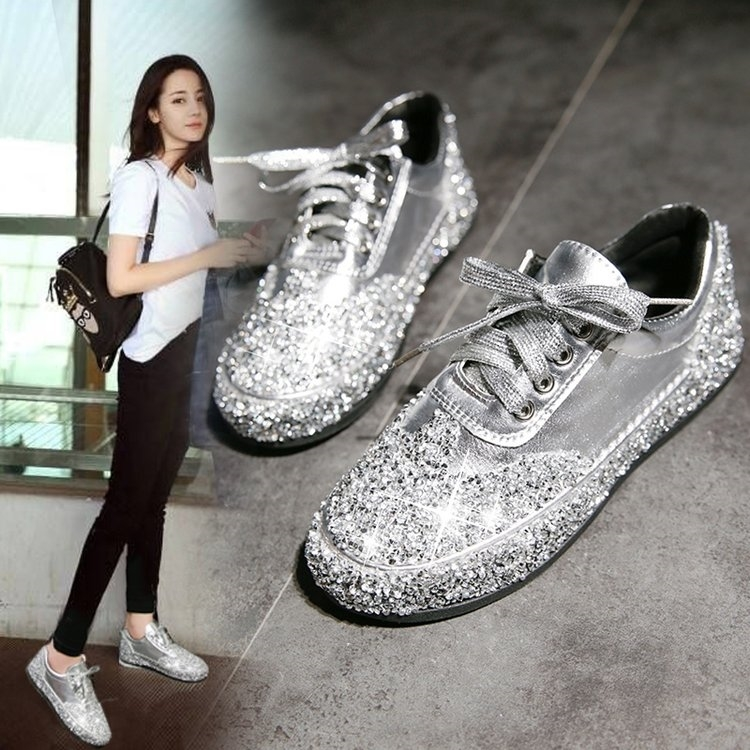Single shoe patent leather rhinestone flat lace-up sneakers new all-match casual social women's shoe