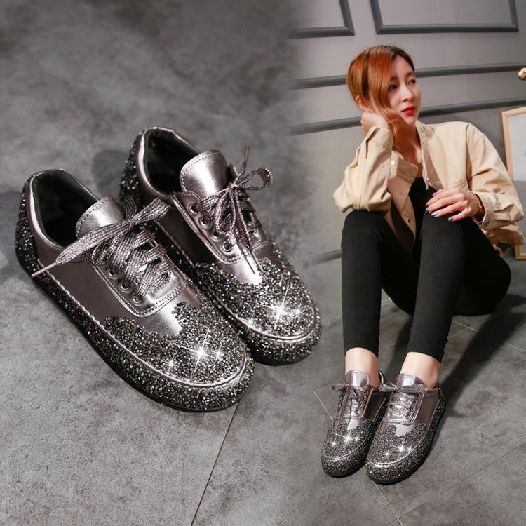 Single shoe patent leather rhinestone flat lace-up sneakers new all-match casual social women's shoe