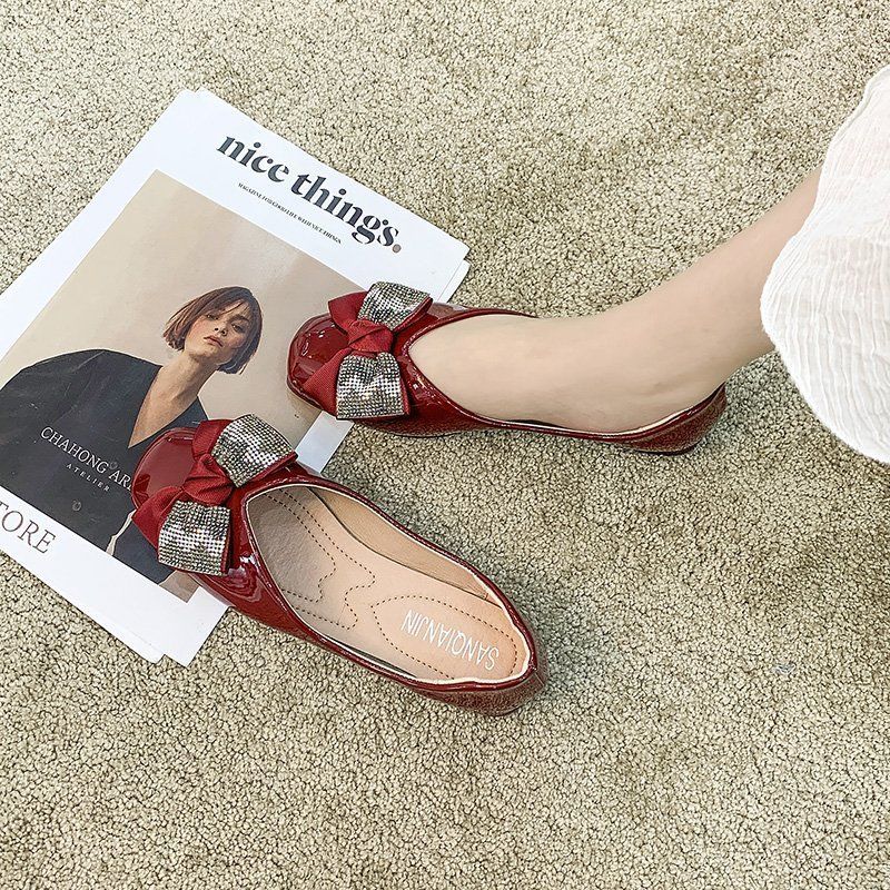 Large size women's shoes new wild net red square toe flat soft leather peas shoes