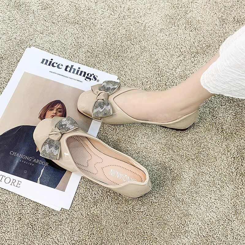 Large size women's shoes new wild net red square toe flat soft leather peas shoes