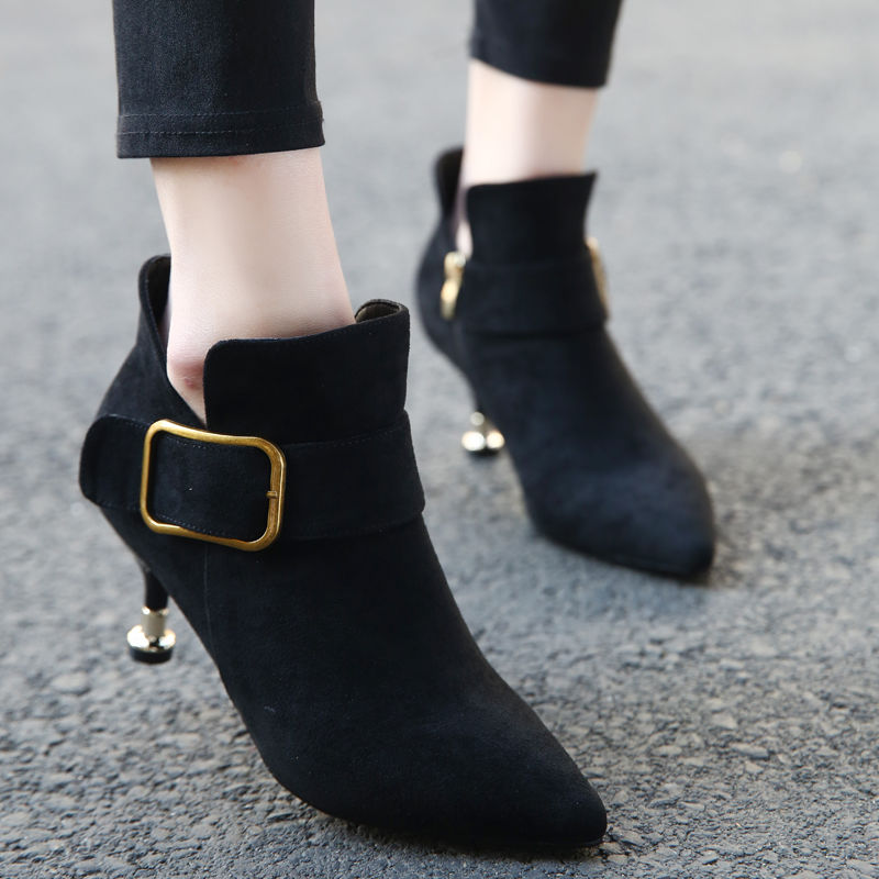 New Martin boots belt buckle wind frosted all-match stiletto high heel short boots women&apos;s shoes