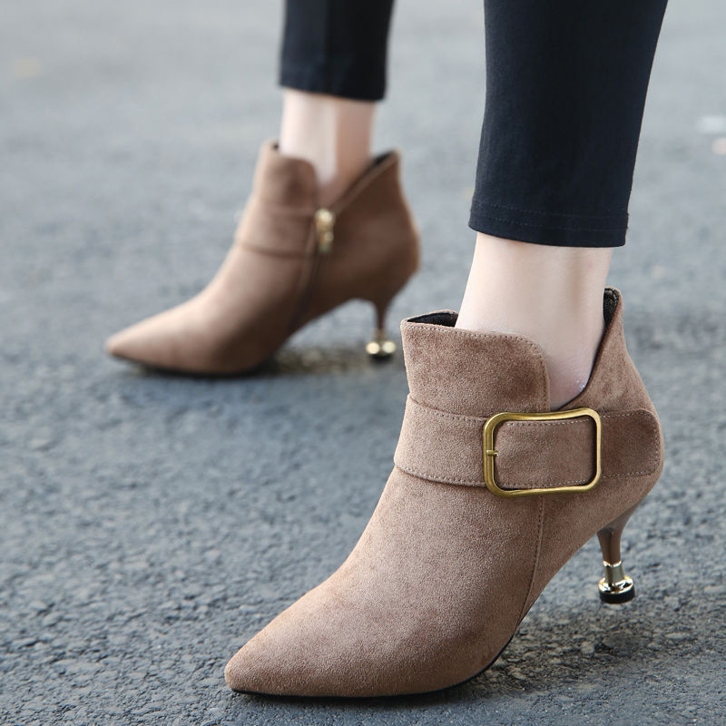 New Martin boots belt buckle wind frosted all-match stiletto high heel short boots women&apos;s shoes