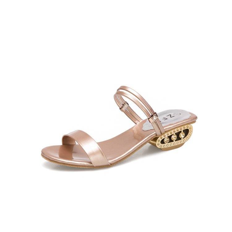 Large size women's shoes Korean version of thick heel women's rhinestone mid-heel one-on-one sandals