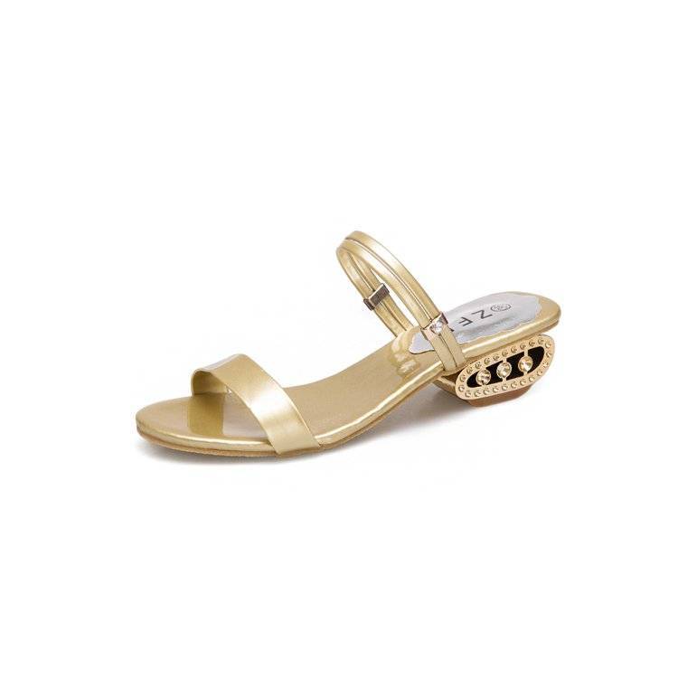 Large size women's shoes Korean version of thick heel women's rhinestone mid-heel one-on-one sandals