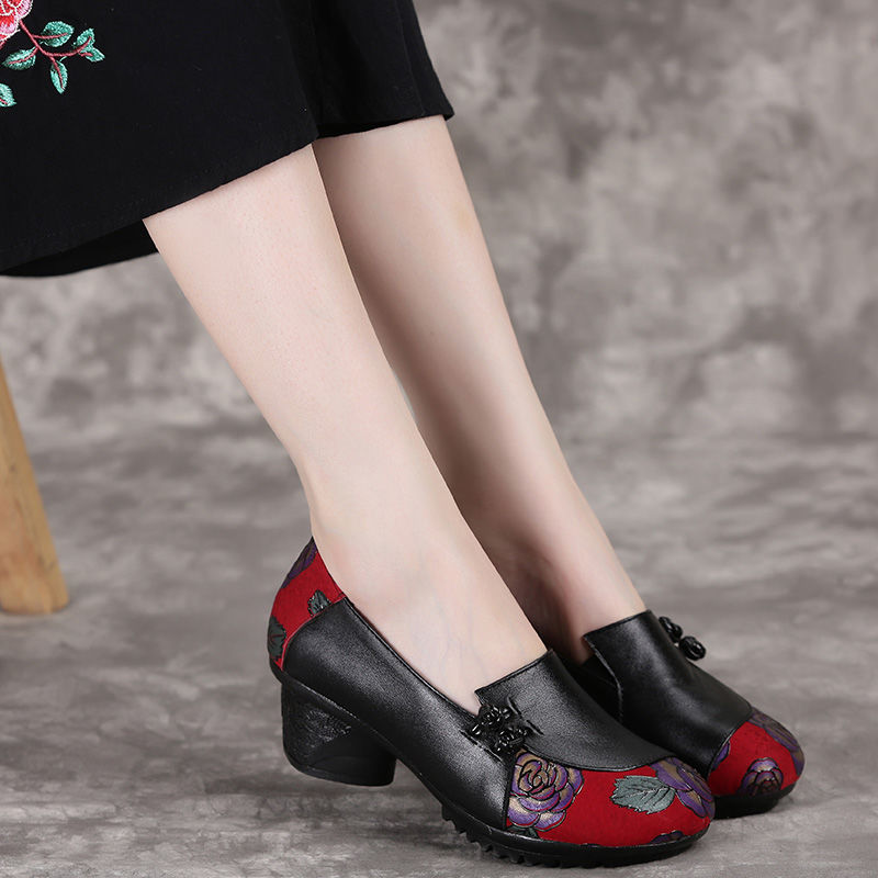 Vintage women's shoes, leather single shoes, soft sole, thick heels, flower casual shoes
