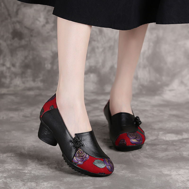 Vintage women's shoes, leather single shoes, soft sole, thick heels, flower casual shoes