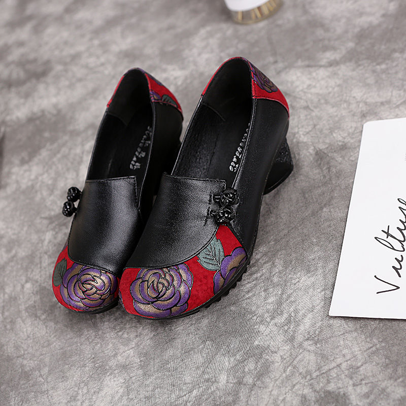 Vintage women's shoes, leather single shoes, soft sole, thick heels, flower casual shoes