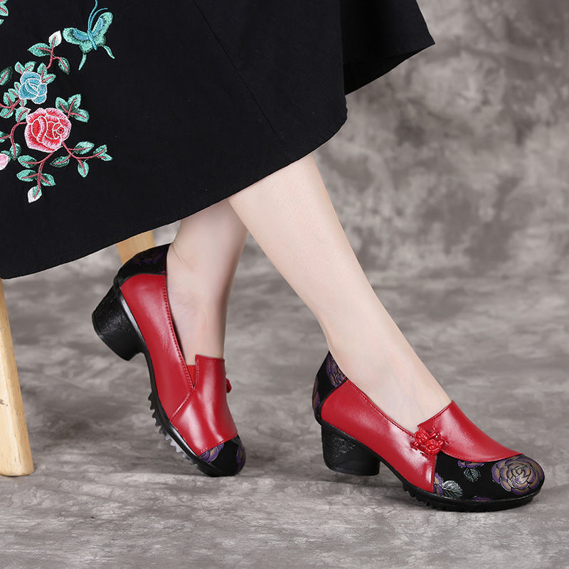 Vintage women's shoes, leather single shoes, soft sole, thick heels, flower casual shoes