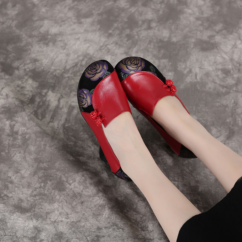 Vintage women's shoes, leather single shoes, soft sole, thick heels, flower casual shoes