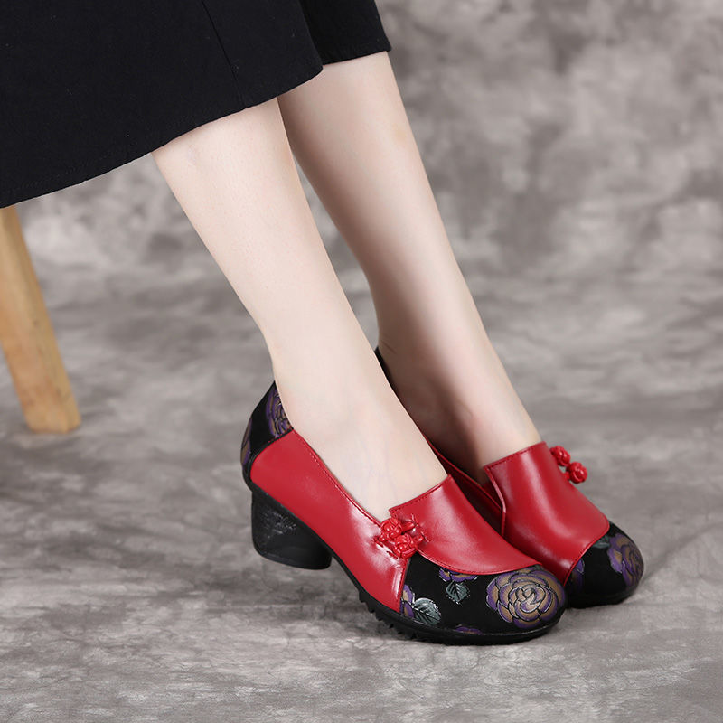 Vintage women's shoes, leather single shoes, soft sole, thick heels, flower casual shoes