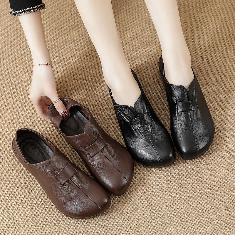 Vintage leather handmade shoes flat heel women's shoes flat low heel single shoes