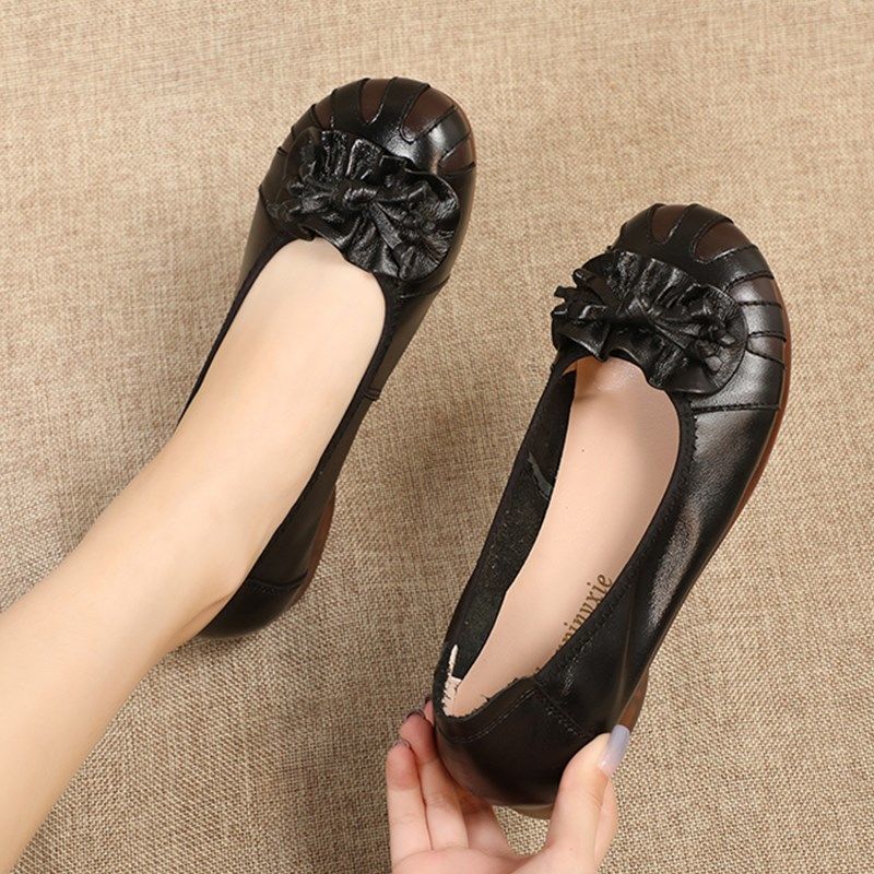 Leather soft sole women&apos;s shoes, comfortable retro flowers, tendon flat shoes, casual shoes