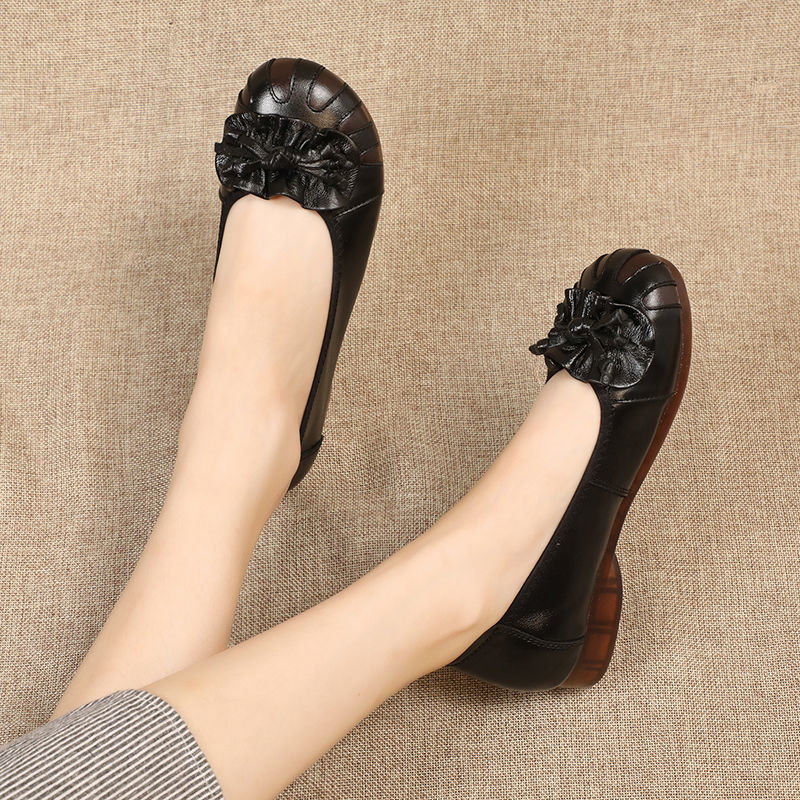 Leather soft sole women&apos;s shoes, comfortable retro flowers, tendon flat shoes, casual shoes