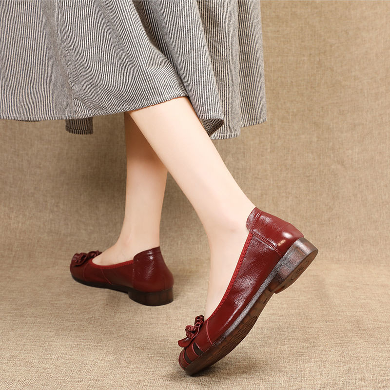 Leather soft sole women&apos;s shoes, comfortable retro flowers, tendon flat shoes, casual shoes