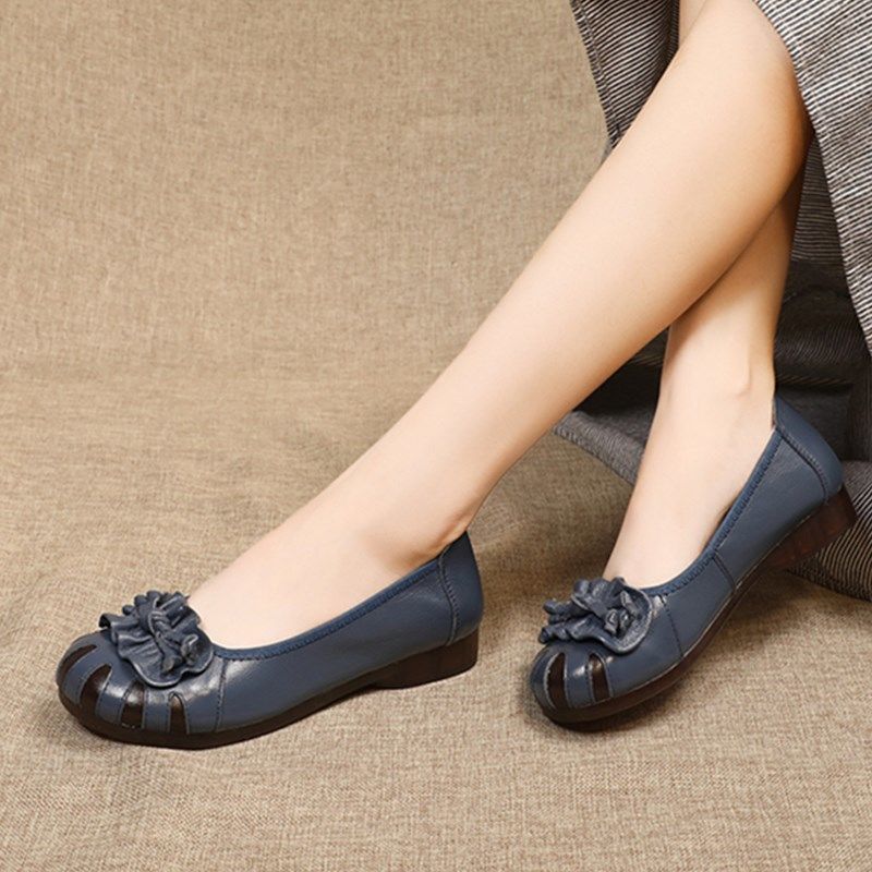 Leather soft sole women&apos;s shoes, comfortable retro flowers, tendon flat shoes, casual shoes