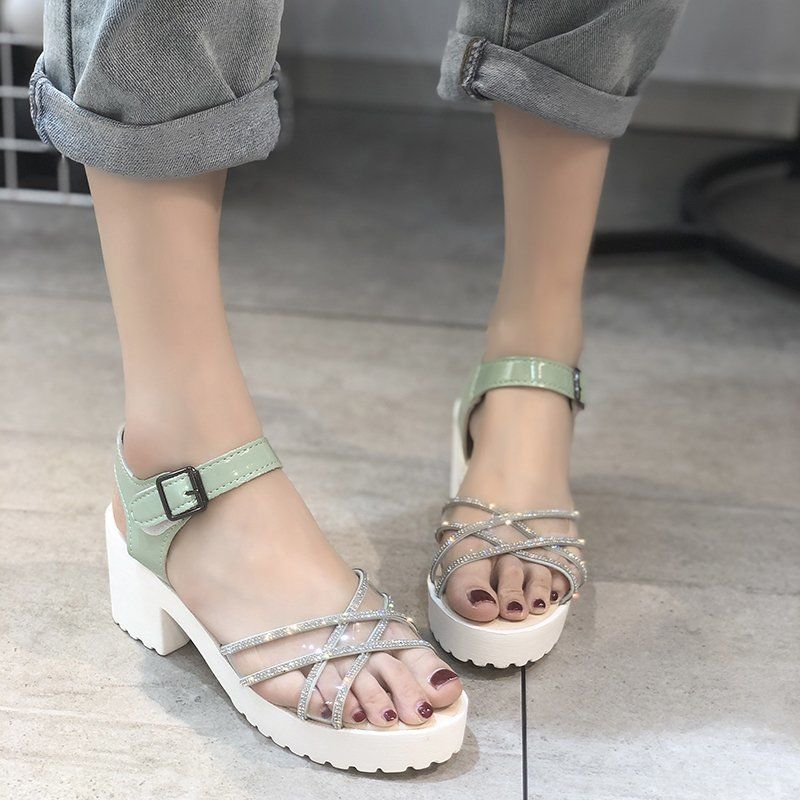 Large size women's shoes sandals women's all-match thick with rhinestone one word buckle shoes