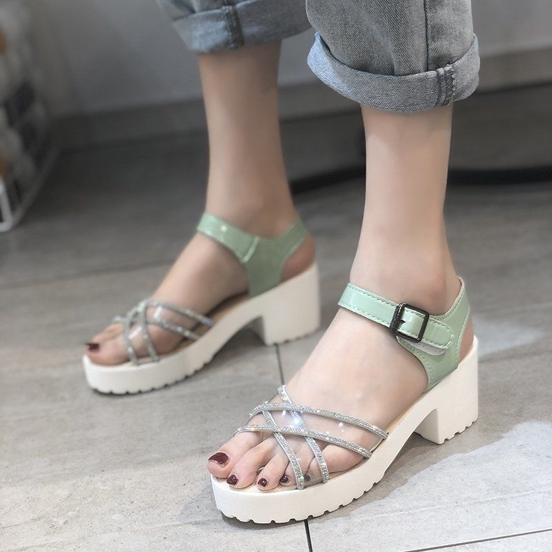 Large size women's shoes sandals women's all-match thick with rhinestone one word buckle shoes