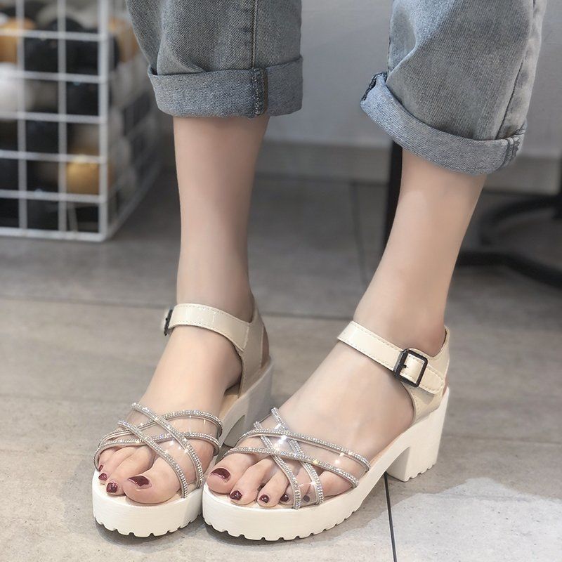 Large size women's shoes sandals women's all-match thick with rhinestone one word buckle shoes