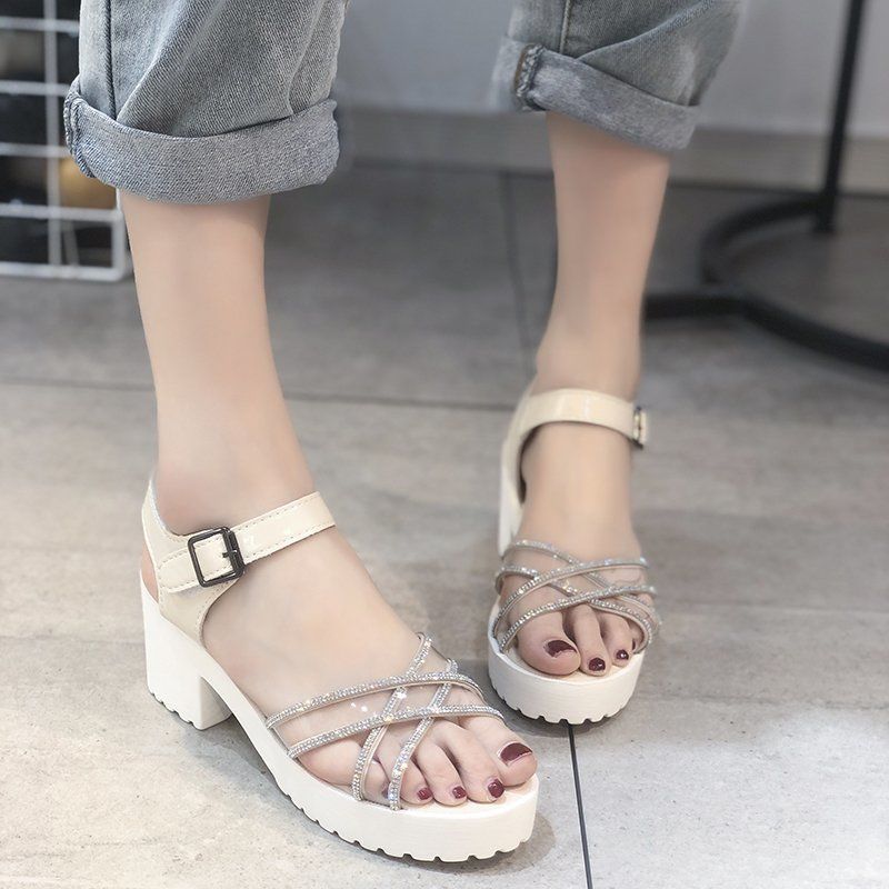 Large size women's shoes sandals women's all-match thick with rhinestone one word buckle shoes