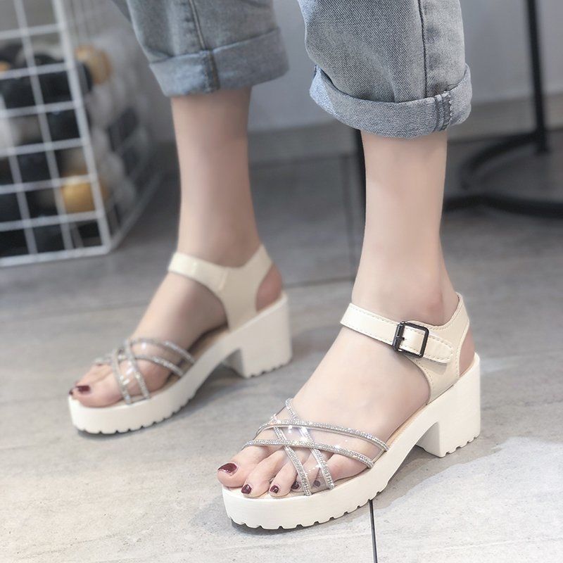 Large size women's shoes sandals women's all-match thick with rhinestone one word buckle shoes