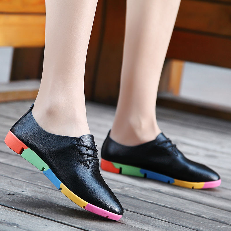 Flat lace-up women&apos;s singles flat-heel soft-soled non-slip casual leather shoes Peas shoes plus size