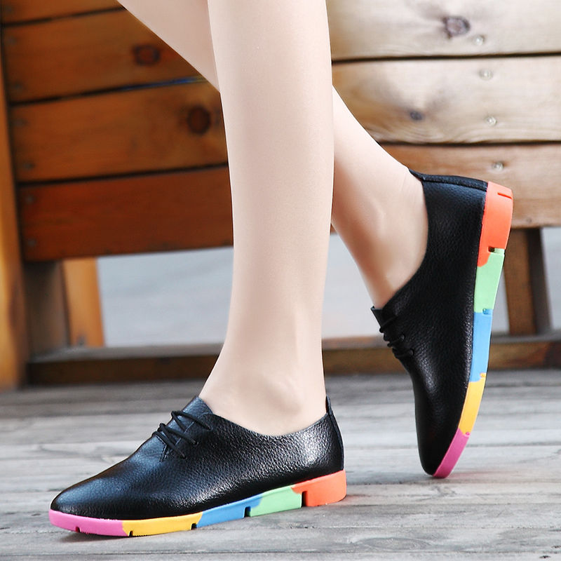 Flat lace-up women&apos;s singles flat-heel soft-soled non-slip casual leather shoes Peas shoes plus size
