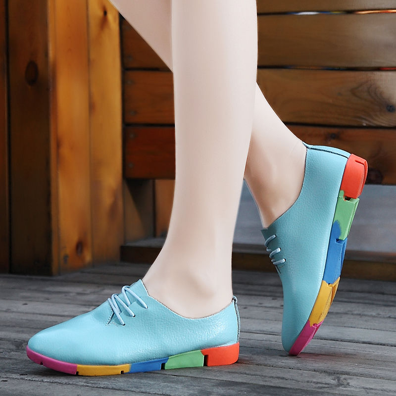 Flat lace-up women&apos;s singles flat-heel soft-soled non-slip casual leather shoes Peas shoes plus size
