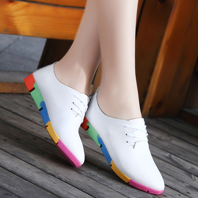 Flat lace-up women&apos;s singles flat-heel soft-soled non-slip casual leather shoes Peas shoes plus size