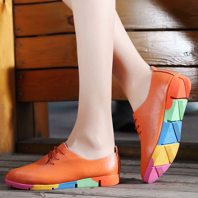 Flat lace-up women&apos;s singles flat-heel soft-soled non-slip casual leather shoes Peas shoes plus size