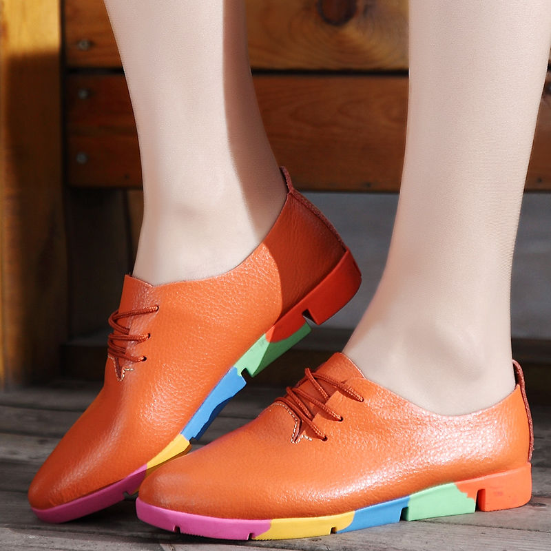 Flat lace-up women&apos;s singles flat-heel soft-soled non-slip casual leather shoes Peas shoes plus size