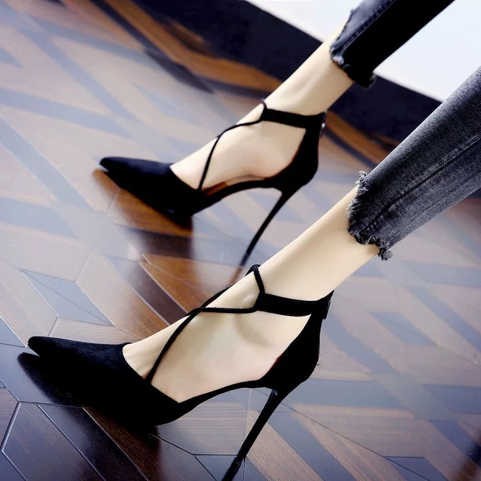 Korean style rear zipper cross straps pointed Roman high heels women's new stiletto shoes