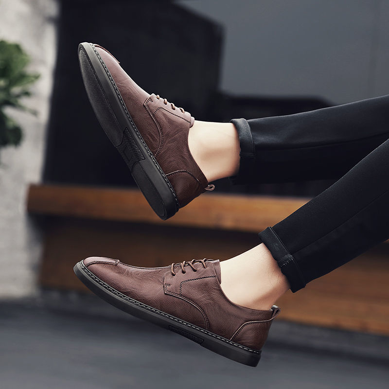Men's Shoes > Flats > Loafers Real leather breathable men&apos;s shoes men&apos;s casual leather shoes soft bottom lace youth comfortable sh