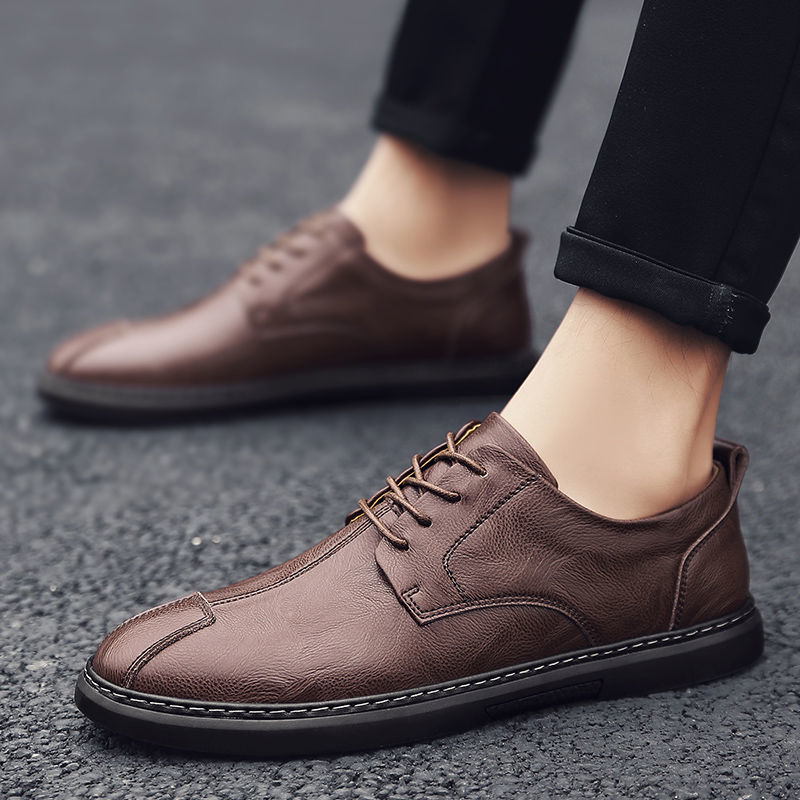 Men's Shoes > Flats > Loafers Real leather breathable men&apos;s shoes men&apos;s casual leather shoes soft bottom lace youth comfortable sh