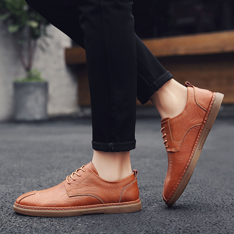 Men's Shoes > Flats > Loafers Real leather breathable men&apos;s shoes men&apos;s casual leather shoes soft bottom lace youth comfortable sh